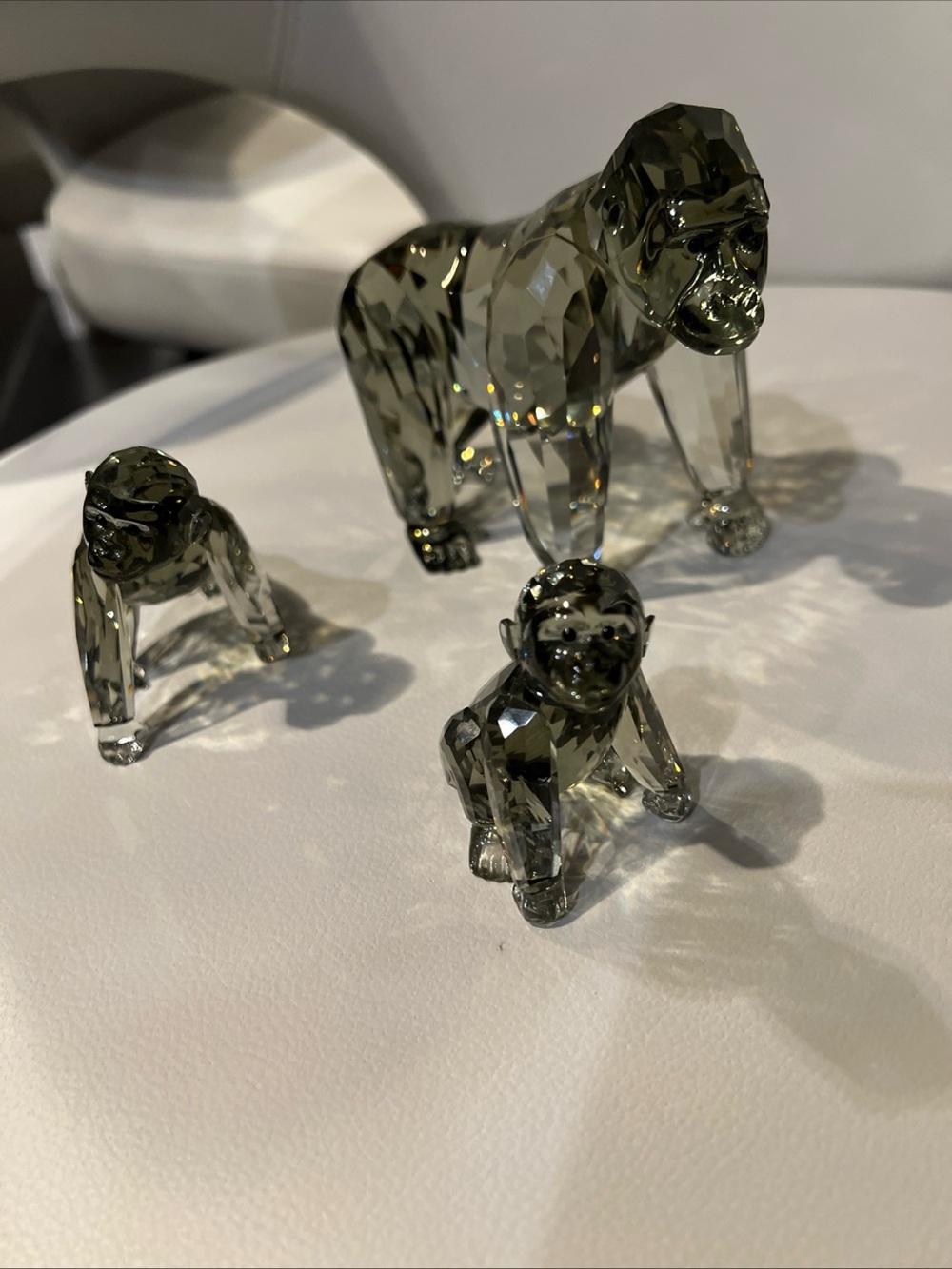 Smoky Crystal Gorilla Family Figurines - Decorative Home Art